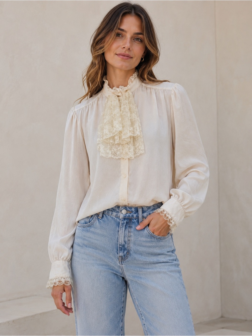 Vintage Neil Martin Cream Lace Bib Secretary Blouse Victorian Romantic Size 10